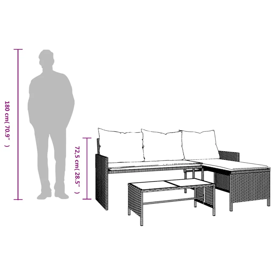 Canapé de jardin avec table et coussins en forme de L noir - 11