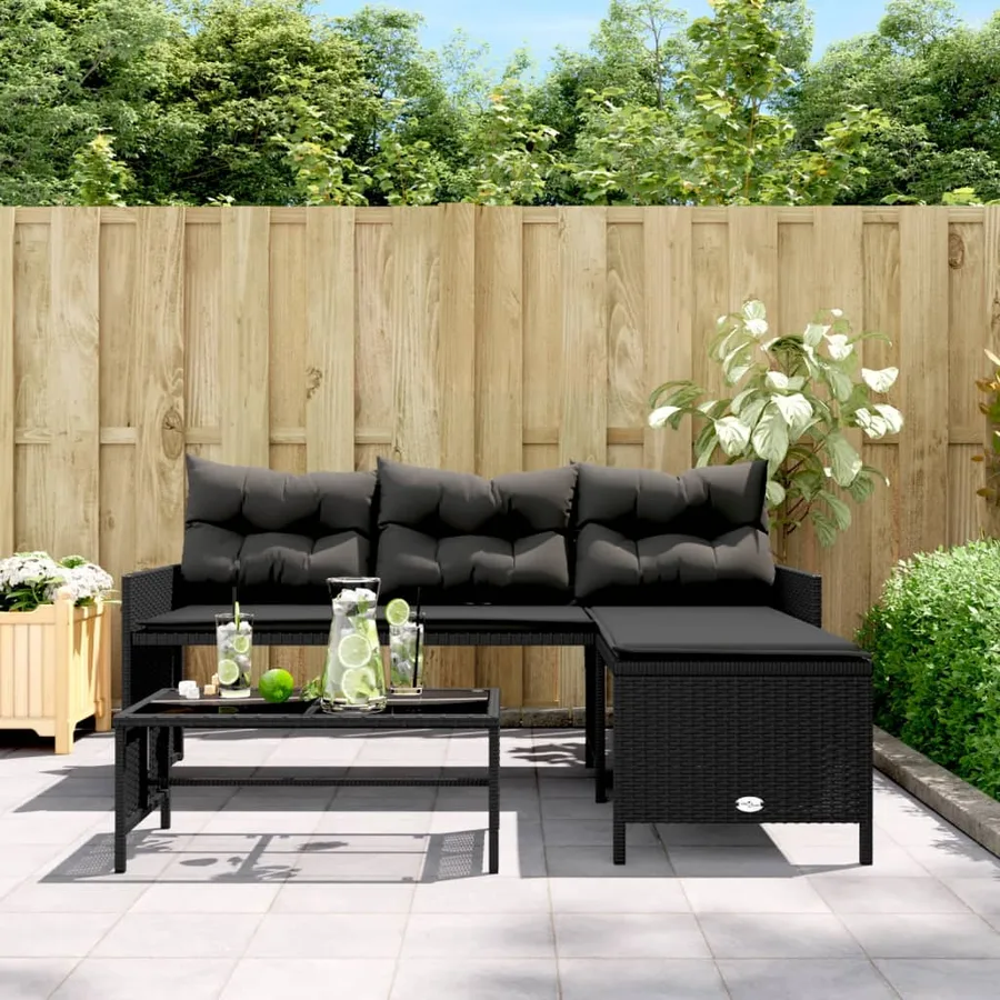 Canapé de jardin avec table et coussins en forme de L noir - 3
