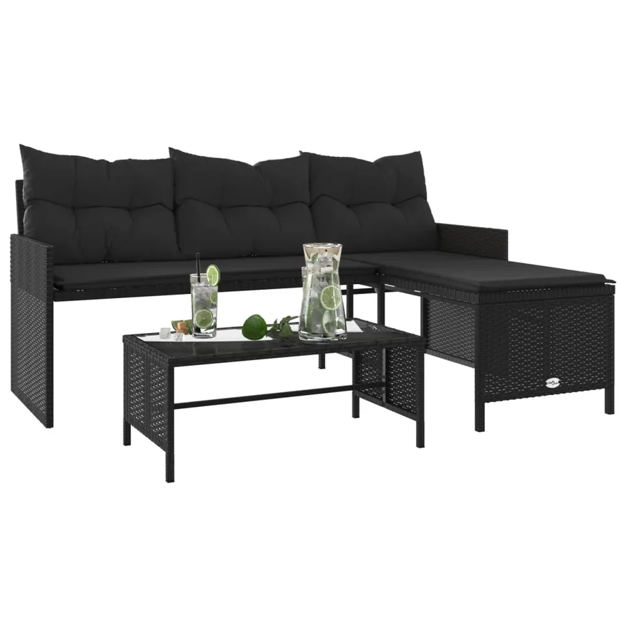 Canapé de jardin avec table et coussins en forme de L noir - 4