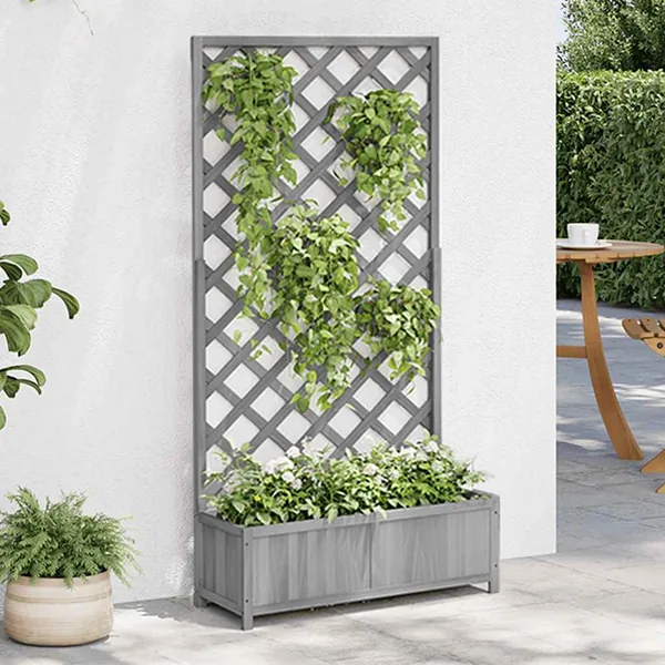 Jardinière avec treillis gris bois massif de sapin