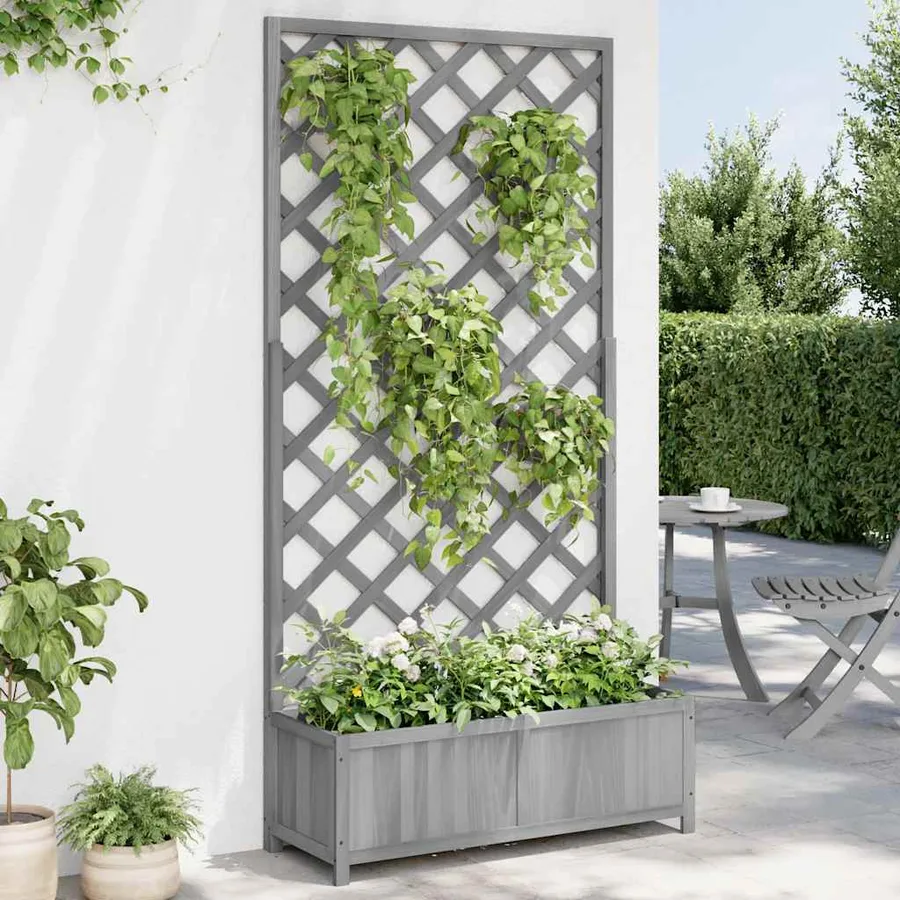Jardinière avec treillis gris bois massif de sapin - 3