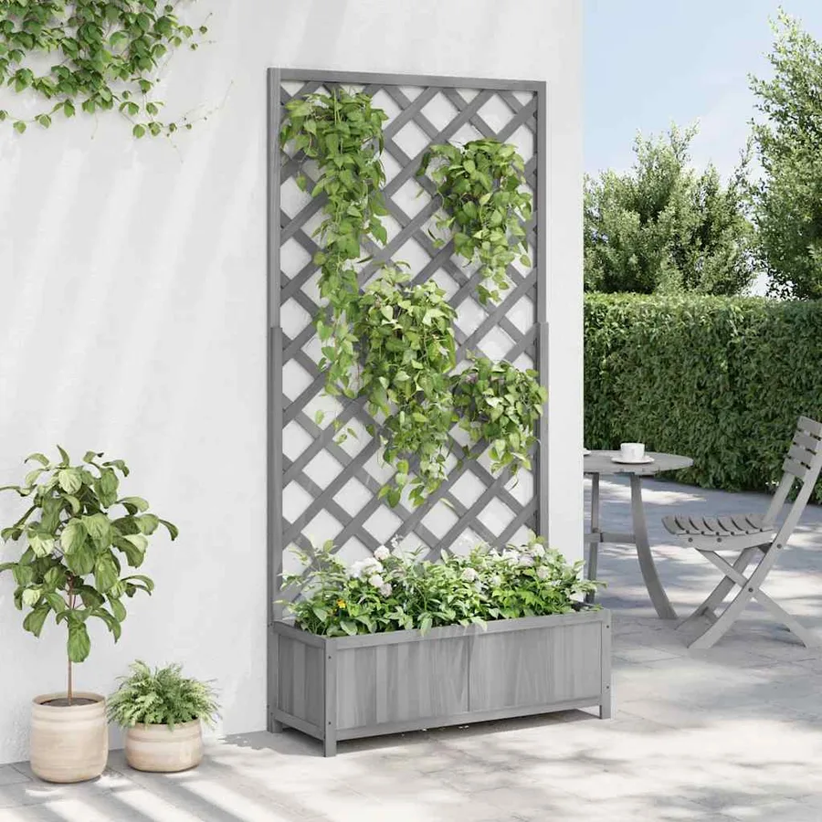 Jardinière avec treillis gris bois massif de sapin - 4
