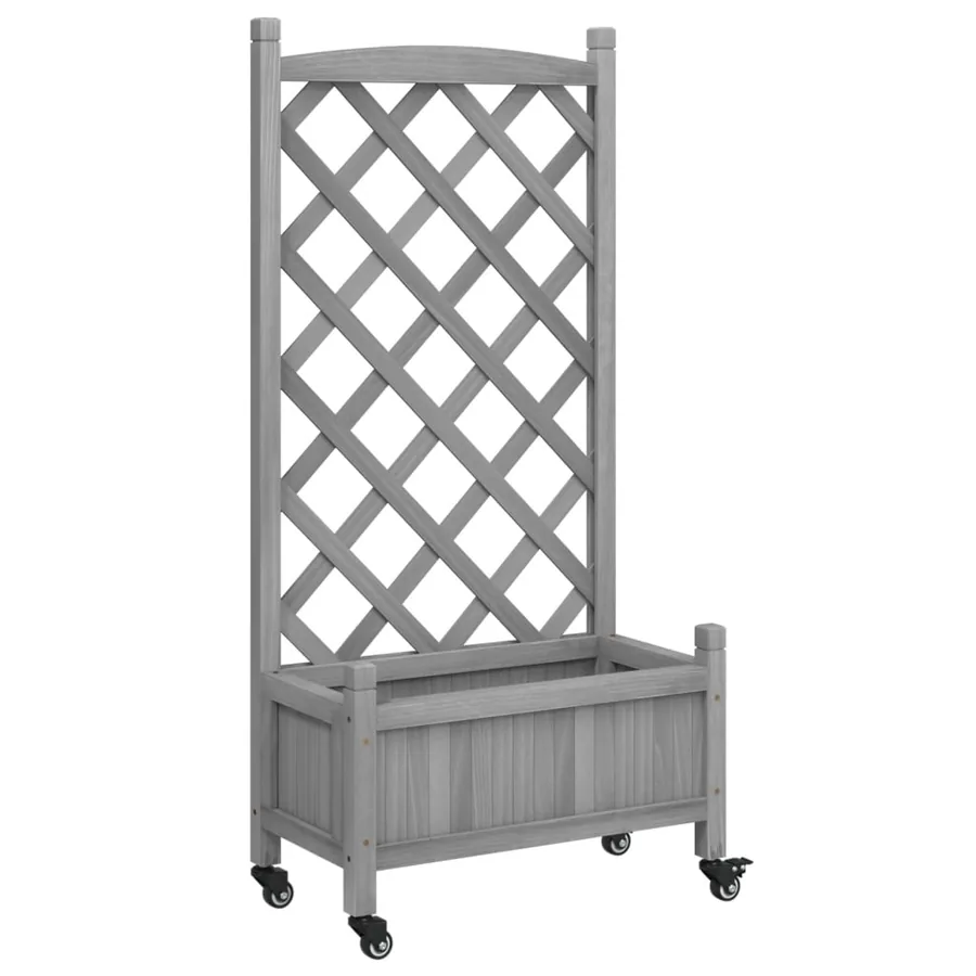 Jardinière avec treillis et roues gris bois massif de sapin - 2