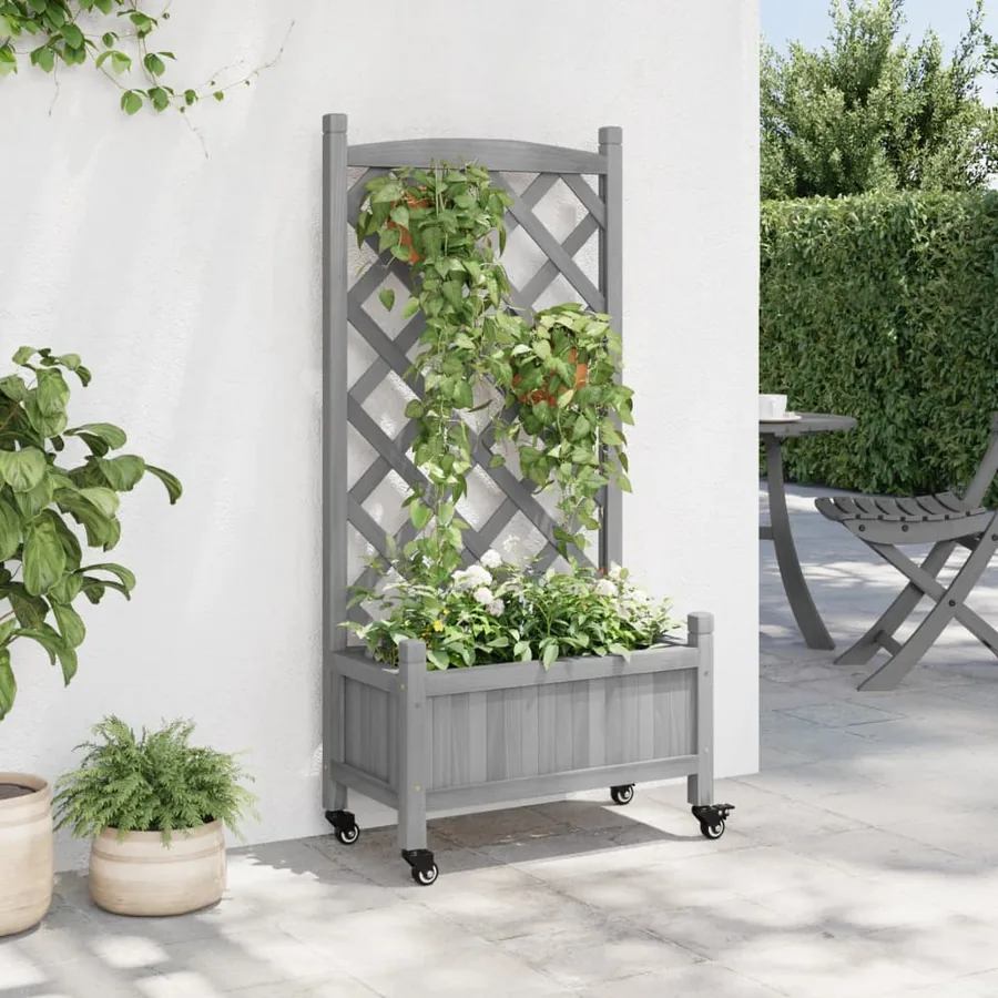 Jardinière avec treillis et roues gris bois massif de sapin - 3