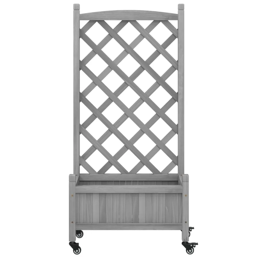 Jardinière avec treillis et roues gris bois massif de sapin - 4
