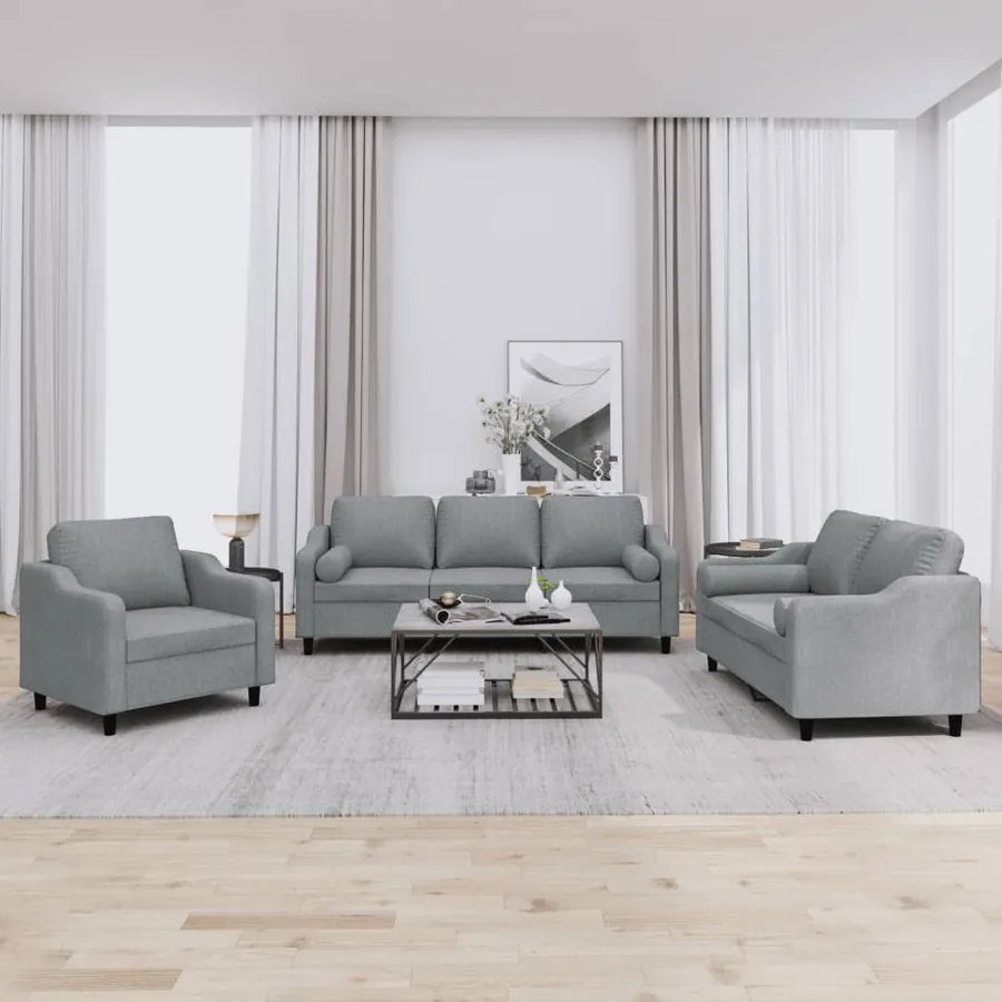 Ensemble de canapés 3 pcs coussins gris clair tissu
