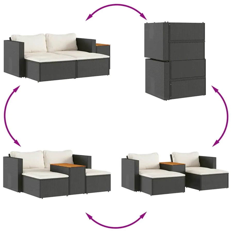 Salon de jardin 5 pcs avec coussins noir résine tressée acacia - 8